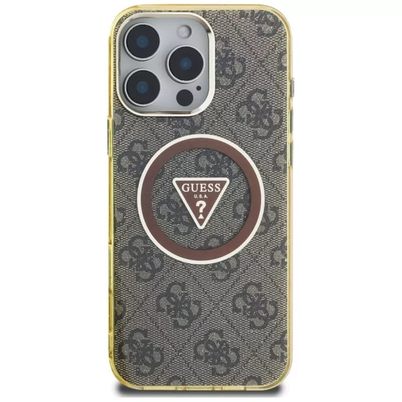 Guess IML Metal Glitter 4G Circle Triangle MagSafe Case für iPhone 16 Pro Max (Braun)