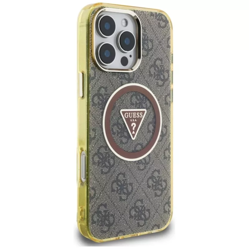 Guess IML Metal Glitter 4G Circle Triangle MagSafe Case für iPhone 16 Pro Max (Braun)