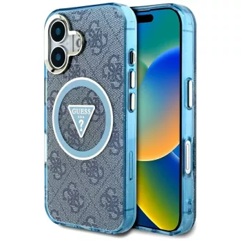 Guess IML Metal Glitter 4G Circle Triangle MagSafe Case für iPhone 16 (Blau)