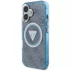 Guess IML Metal Glitter 4G Circle Triangle MagSafe Case für iPhone 16 (Blau)