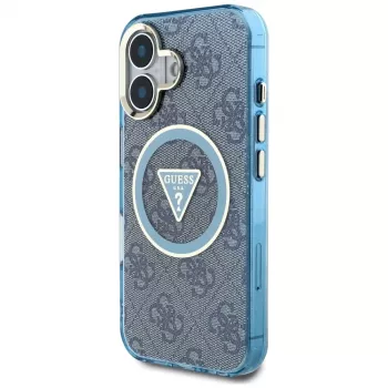 Guess IML Metal Glitter 4G Circle Triangle MagSafe Case für iPhone 16 (Blau)