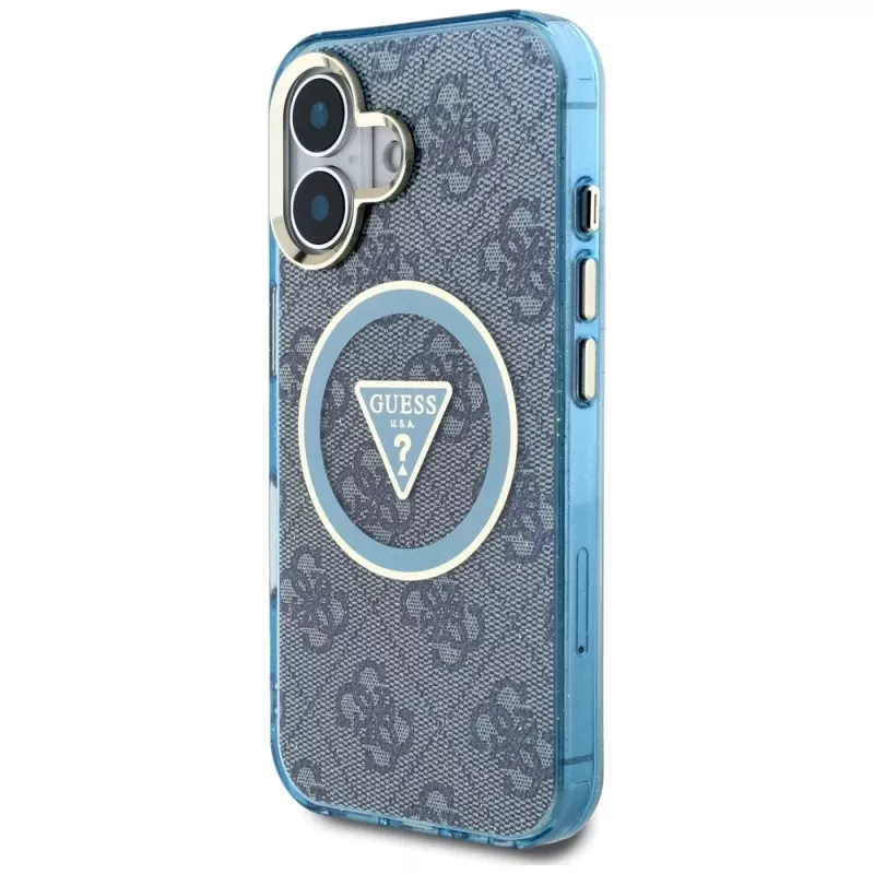 Guess IML Metal Glitter 4G Circle Triangle MagSafe Case für iPhone 16 (Blau)