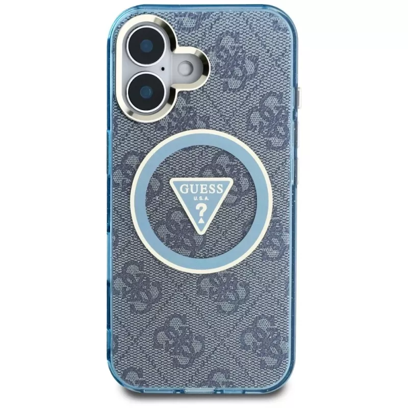 Guess IML Metal Glitter 4G Circle Triangle MagSafe Case für iPhone 16 (Blau)
