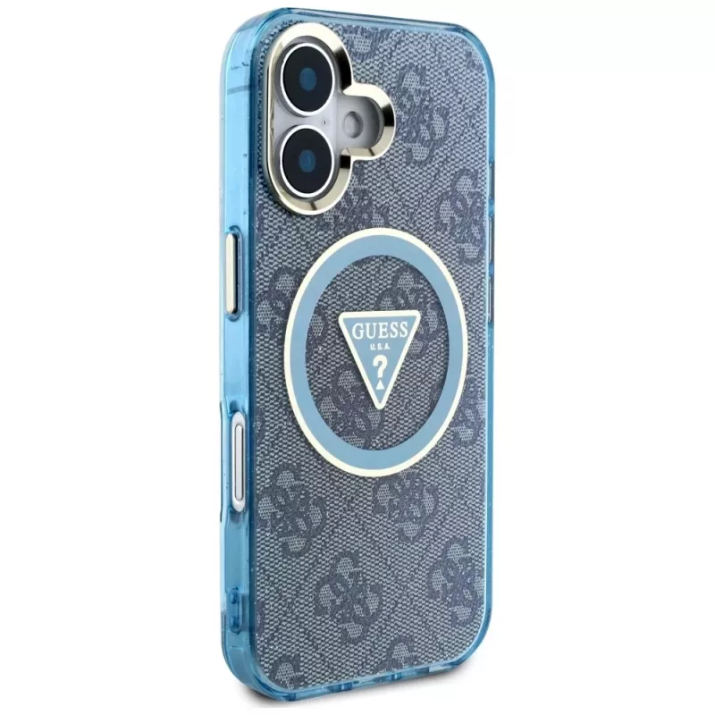 Guess IML Metal Glitter 4G Circle Triangle MagSafe Case für iPhone 16 (Blau)