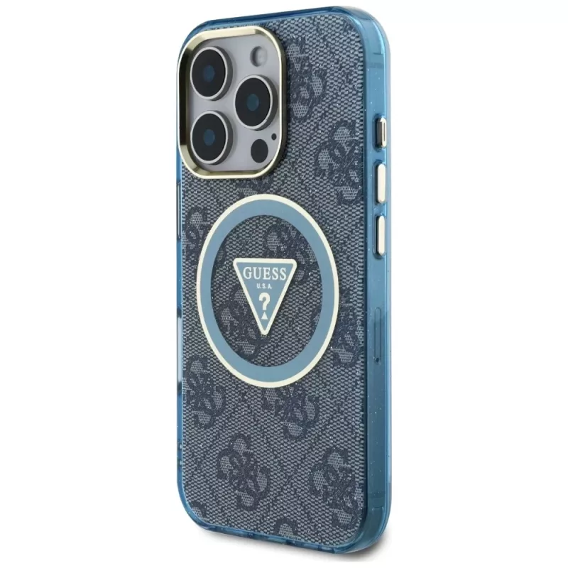 Guess IML Metal Glitter 4G Circle Triangle MagSafe Case für iPhone 16 Pro (Blau)
