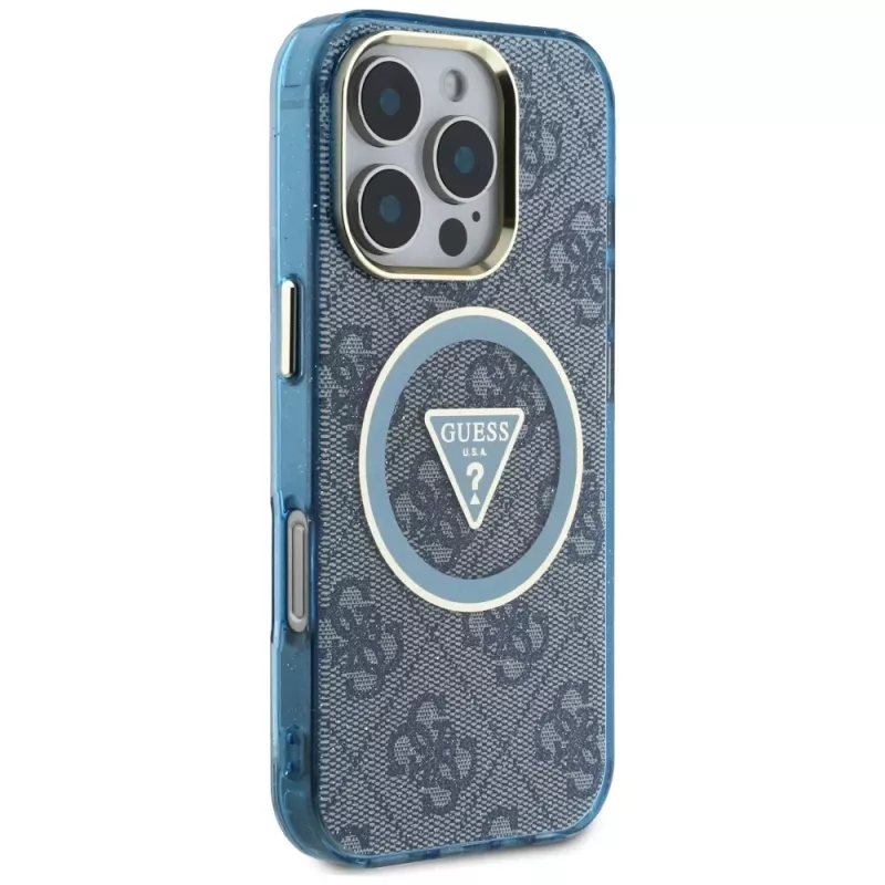 Guess IML Metal Glitter 4G Circle Triangle MagSafe Case für iPhone 16 Pro (Blau)