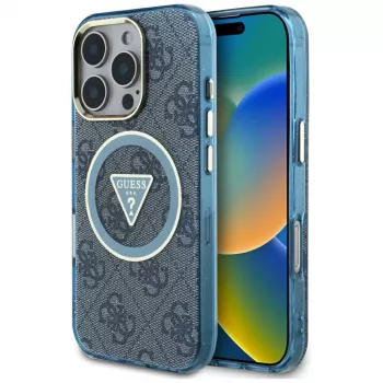 Guess IML Metal Glitter 4G Circle Triangle MagSafe Case für iPhone 16 Pro Max (Blau)