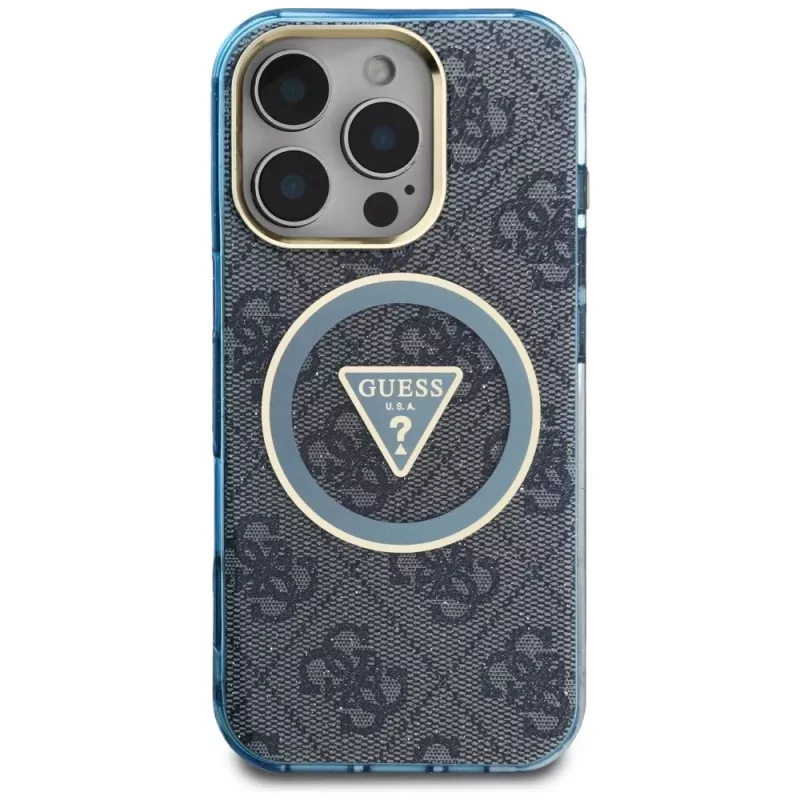 Guess IML Metal Glitter 4G Circle Triangle MagSafe Case für iPhone 16 Pro Max (Blau)