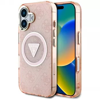 Guess IML Metal Glitter 4G Circle Triangle MagSafe Case für iPhone 16 (Pink)