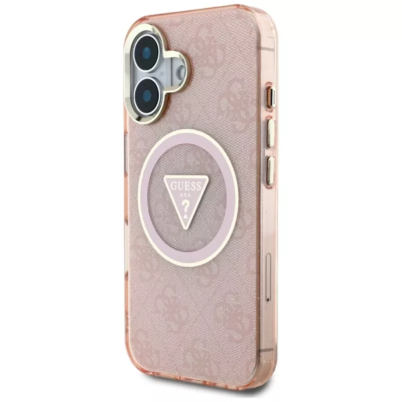 Guess IML Metal Glitter 4G Circle Triangle MagSafe Case für iPhone 16 (Pink)