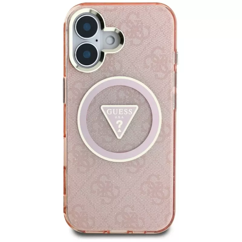 Guess IML Metal Glitter 4G Circle Triangle MagSafe Case für iPhone 16 (Pink)