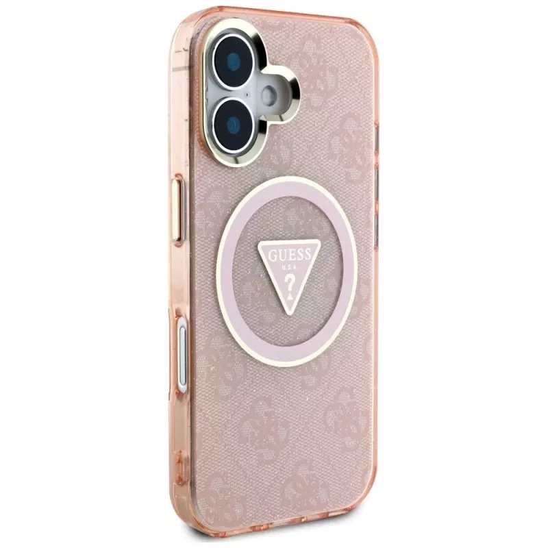 Guess IML Metal Glitter 4G Circle Triangle MagSafe Case für iPhone 16 (Pink)