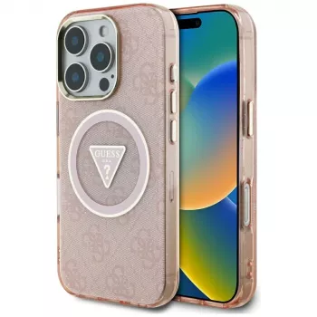 Guess IML Metal Glitter 4G Circle Triangle MagSafe Back Cover für Apple iPhone 16 Pro (Pink)