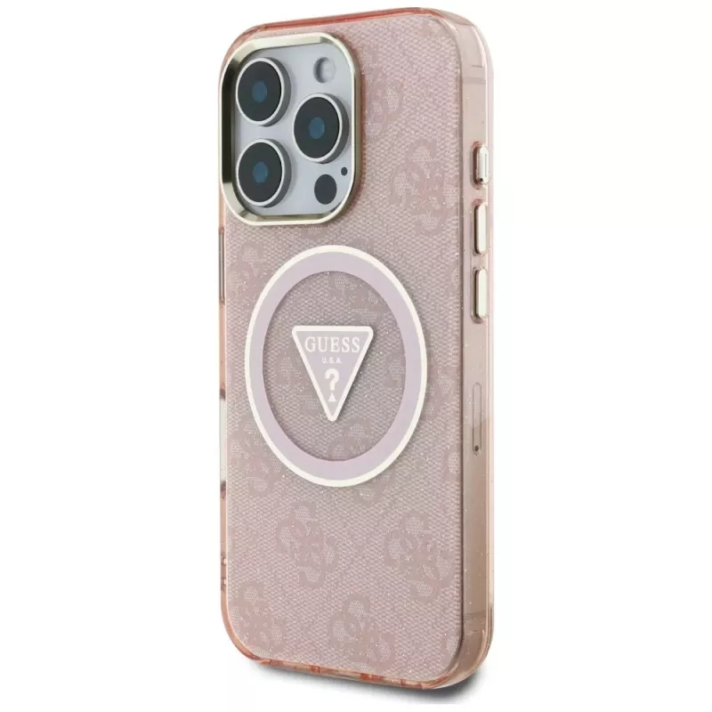 Guess IML Metal Glitter 4G Circle Triangle MagSafe Back Cover für Apple iPhone 16 Pro (Pink)