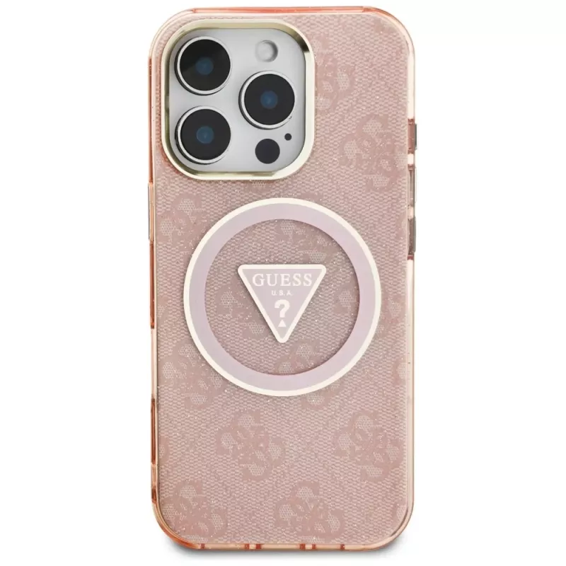 Guess IML Metal Glitter 4G Circle Triangle MagSafe Back Cover für Apple iPhone 16 Pro (Pink)