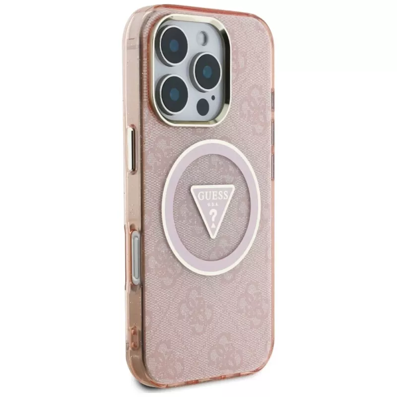 Guess IML Metal Glitter 4G Circle Triangle MagSafe Back Cover für Apple iPhone 16 Pro (Pink)