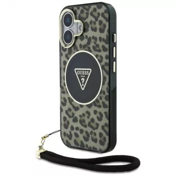 Guess HC IML Leopard Triangle Case für iPhone 16 mit Kordelband, Braun, MagSafe