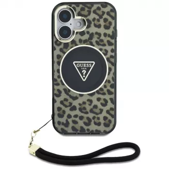 Guess HC IML Leopard Triangle Case für iPhone 16 mit Kordelband, Braun, MagSafe