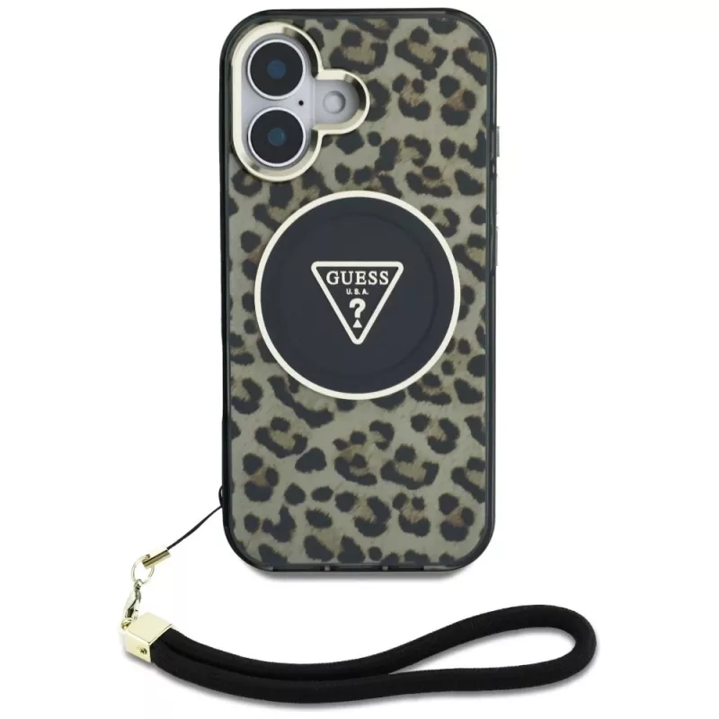 Guess HC IML Leopard Triangle Case für iPhone 16 mit Kordelband, Braun, MagSafe