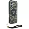 Guess HC IML Leopard Triangle Case für iPhone 16 mit Kordelband, Braun, MagSafe