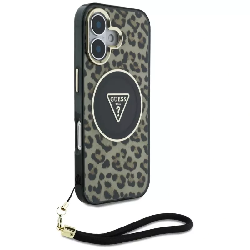 Guess HC IML Leopard Triangle Case für iPhone 16 mit Kordelband, Braun, MagSafe