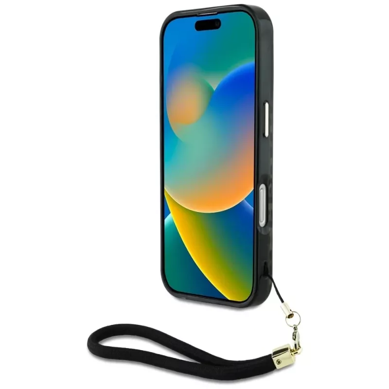 Guess HC IML Leopard Triangle Case für iPhone 16 mit Kordelband, Braun, MagSafe