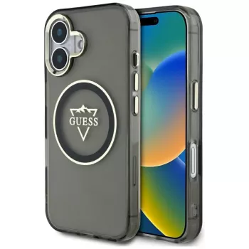 Guess IML Metal Mountain Logo MagSafe Case für iPhone 16 (Schwarz)