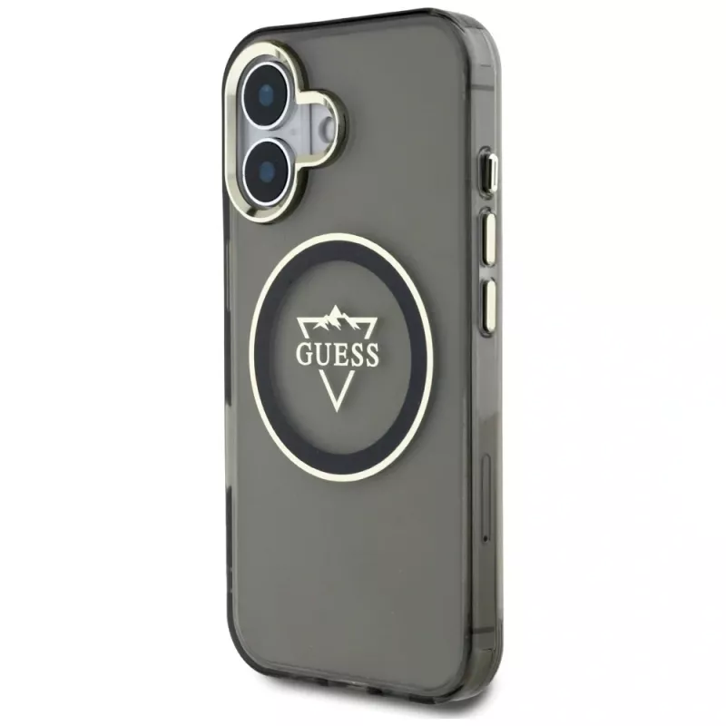 Guess IML Metal Mountain Logo MagSafe Case für iPhone 16 (Schwarz)