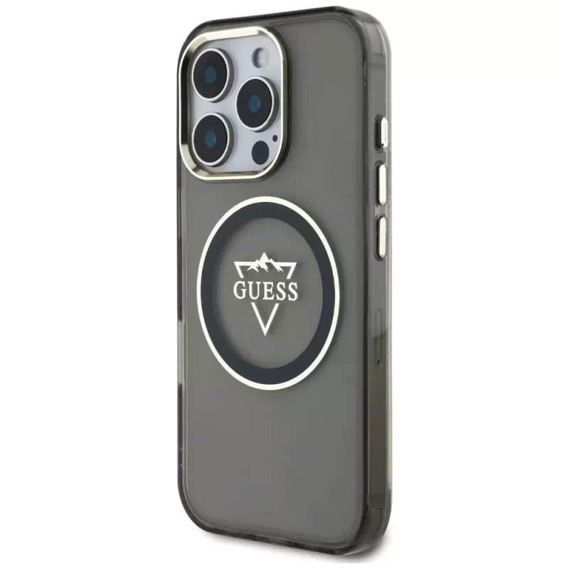 Guess IML Metal Mountain Logo MagSafe Case für iPhone 16 Pro (Schwarz)