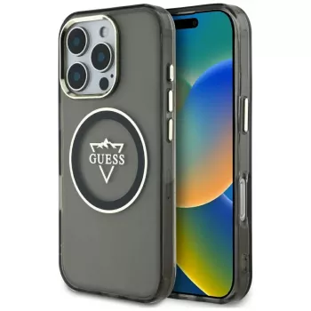 Guess IML Metal Mountain Logo MagSafe Case für iPhone 16 Pro Max (Schwarz)