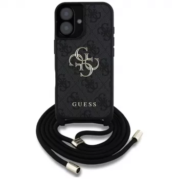 Guess 4G Big Logo Cord Strap Crossbody Case für iPhone 16, Schwarz