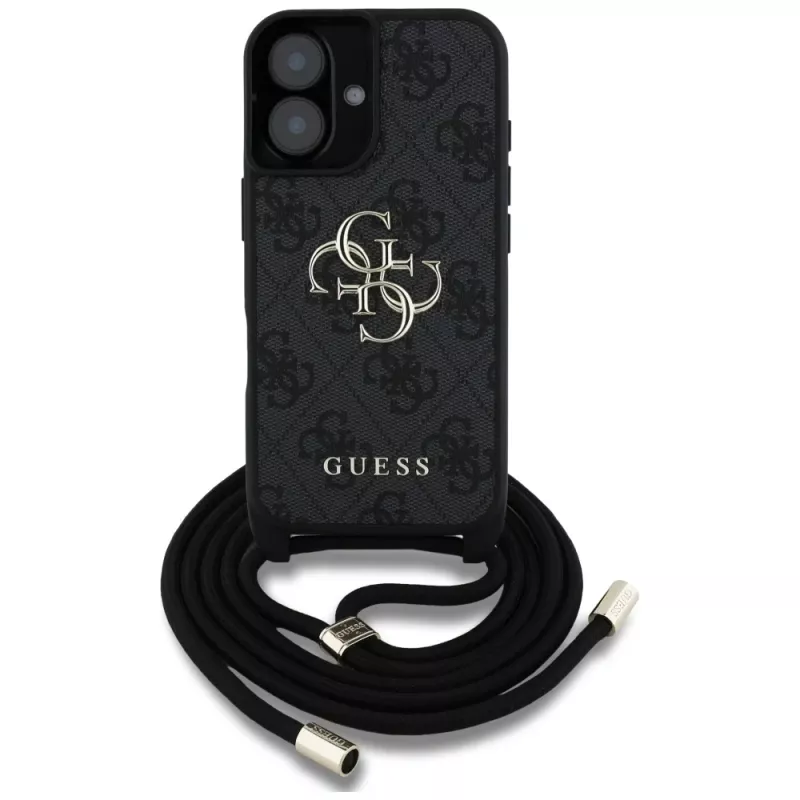 Guess 4G Big Logo Cord Strap Crossbody Case für iPhone 16, Schwarz