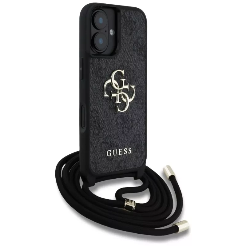 Guess 4G Big Logo Cord Strap Crossbody Case für iPhone 16, Schwarz