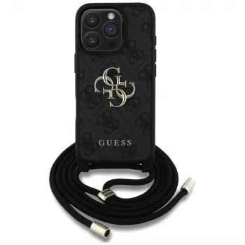 Guess 4G Big Logo Cord Strap Crossbody Case für iPhone 16 Pro (Schwarz)