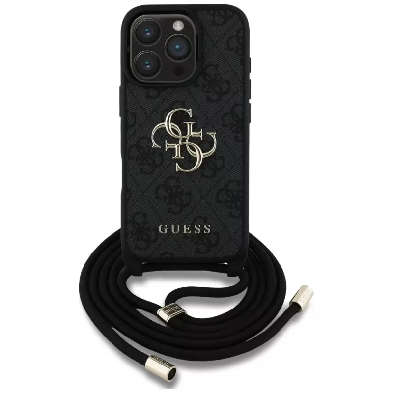 Guess 4G Big Logo Cord Strap Crossbody Case für iPhone 16 Pro (Schwarz)