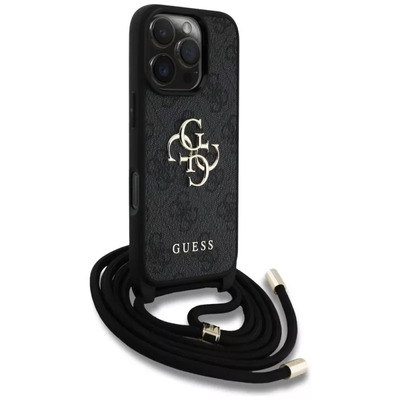 Guess 4G Big Logo Cord Strap Crossbody Case für iPhone 16 Pro (Schwarz)