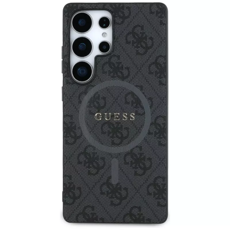Guess Leather 4G Colored Ring Classic Logo MagSafe Back Cover für Samsung Galaxy S25 Ultra, Schwarz