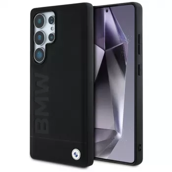 BMW Leather Big Wordmark Case für Samsung Galaxy S25 Ultra Schwarz