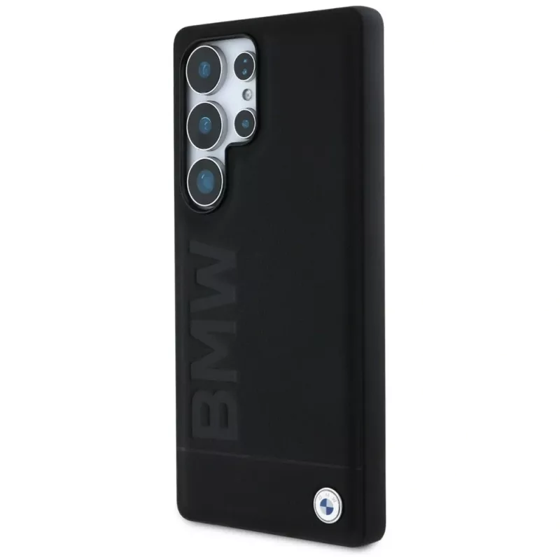 BMW Leather Big Wordmark Case für Samsung Galaxy S25 Ultra Schwarz