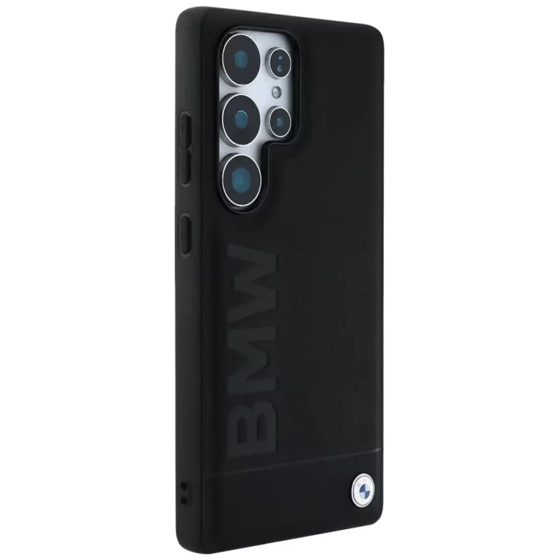 BMW Leather Big Wordmark Case für Samsung Galaxy S25 Ultra Schwarz
