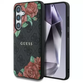 Guess Leather 4G Flowers Print Metal Classic Logo MagSafe Case für Samsung Galaxy S25, Schwarz