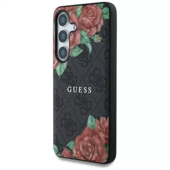 Guess Leather 4G Flowers Print Metal Classic Logo MagSafe Case für Samsung Galaxy S25, Schwarz