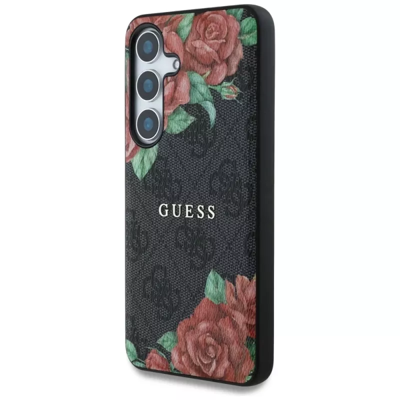 Guess Leather 4G Flowers Print Metal Classic Logo MagSafe Case für Samsung Galaxy S25, Schwarz