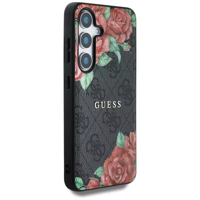 Guess Leather 4G Flowers Print Metal Classic Logo MagSafe Case für Samsung Galaxy S25, Schwarz