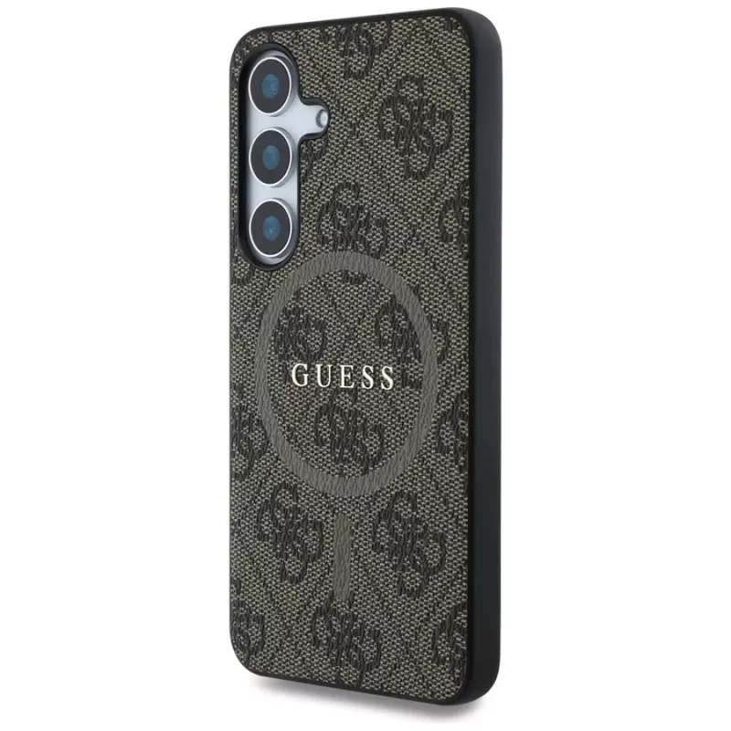 Guess Leather 4G Colored Ring Classic Logo MagSafe Case für Samsung Galaxy S25 (Braun)