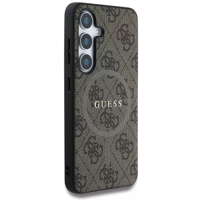 Guess Leather 4G Colored Ring Classic Logo MagSafe Case für Samsung Galaxy S25 (Braun)