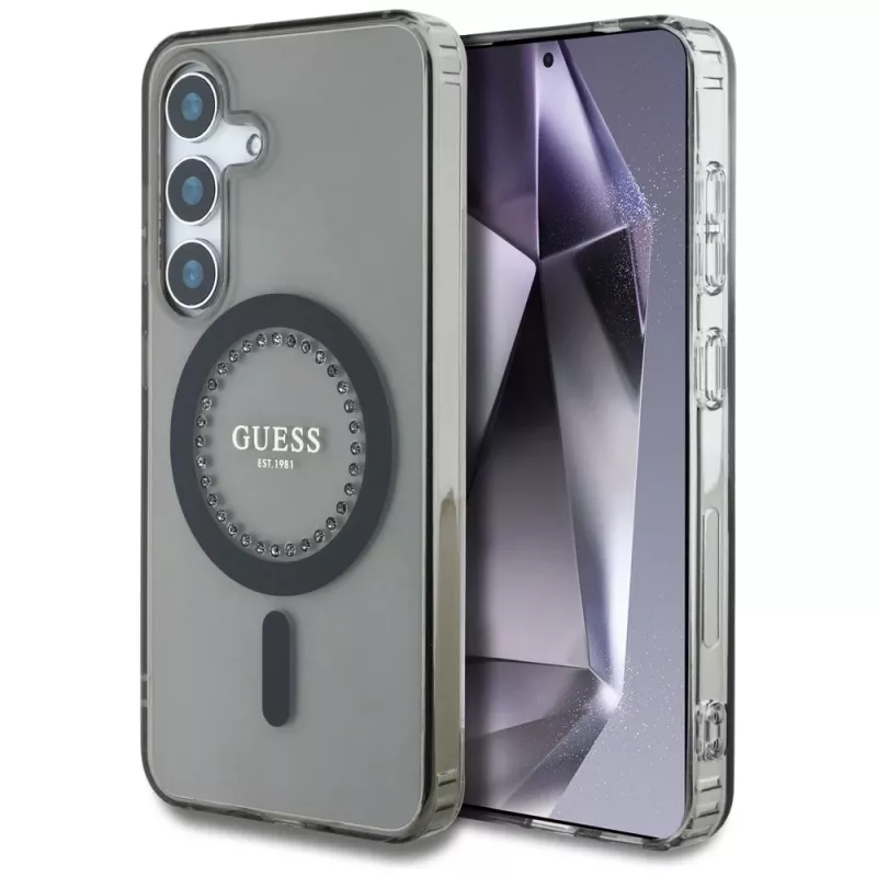 Guess Rhinestones Printed Classic Logo MagSafe Case für Samsung Galaxy S25 (Schwarz)