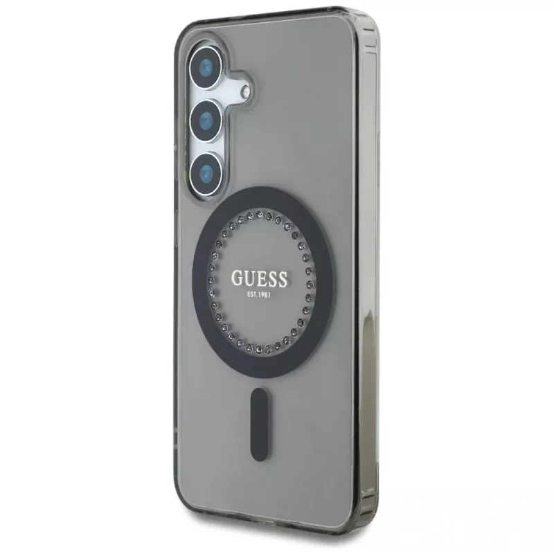 Guess Rhinestones Printed Classic Logo MagSafe Case für Samsung Galaxy S25 (Schwarz)
