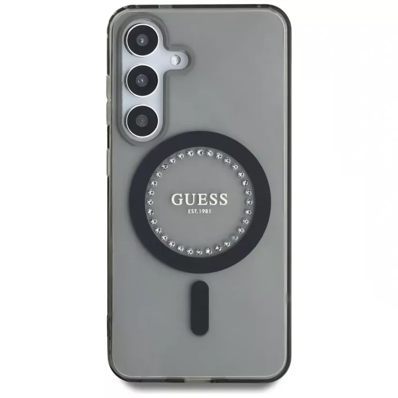 Guess Rhinestones Printed Classic Logo MagSafe Case für Samsung Galaxy S25 (Schwarz)