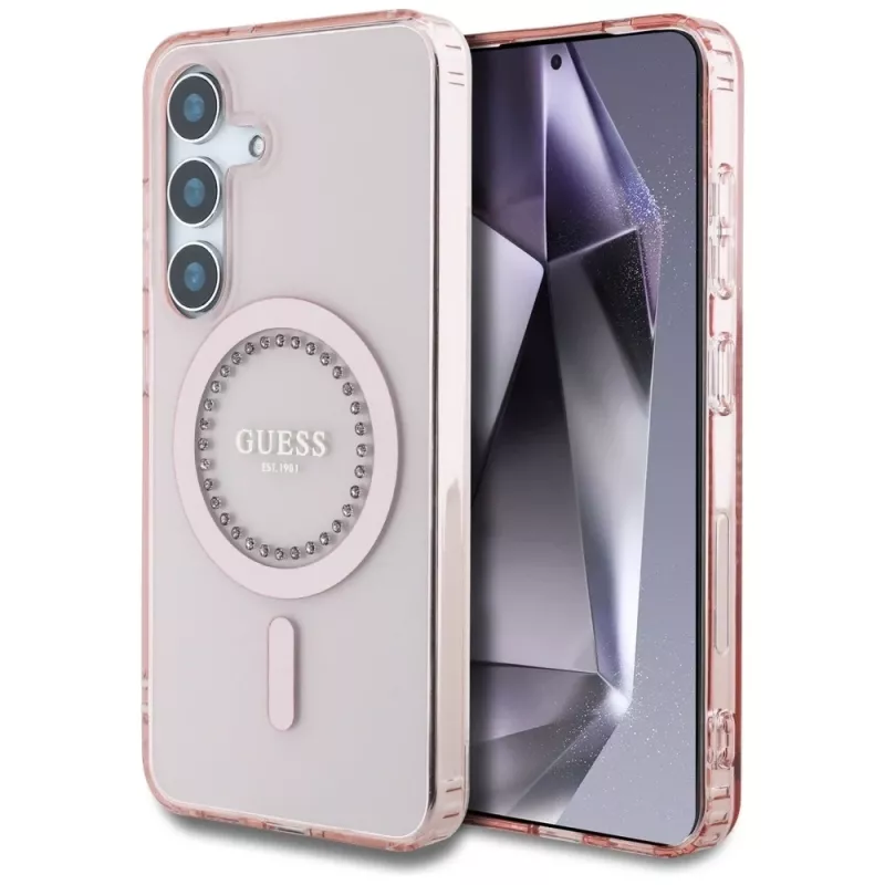 Guess Rhinestones Printed Classic Logo MagSafe Case für Samsung Galaxy S25 (Pink)